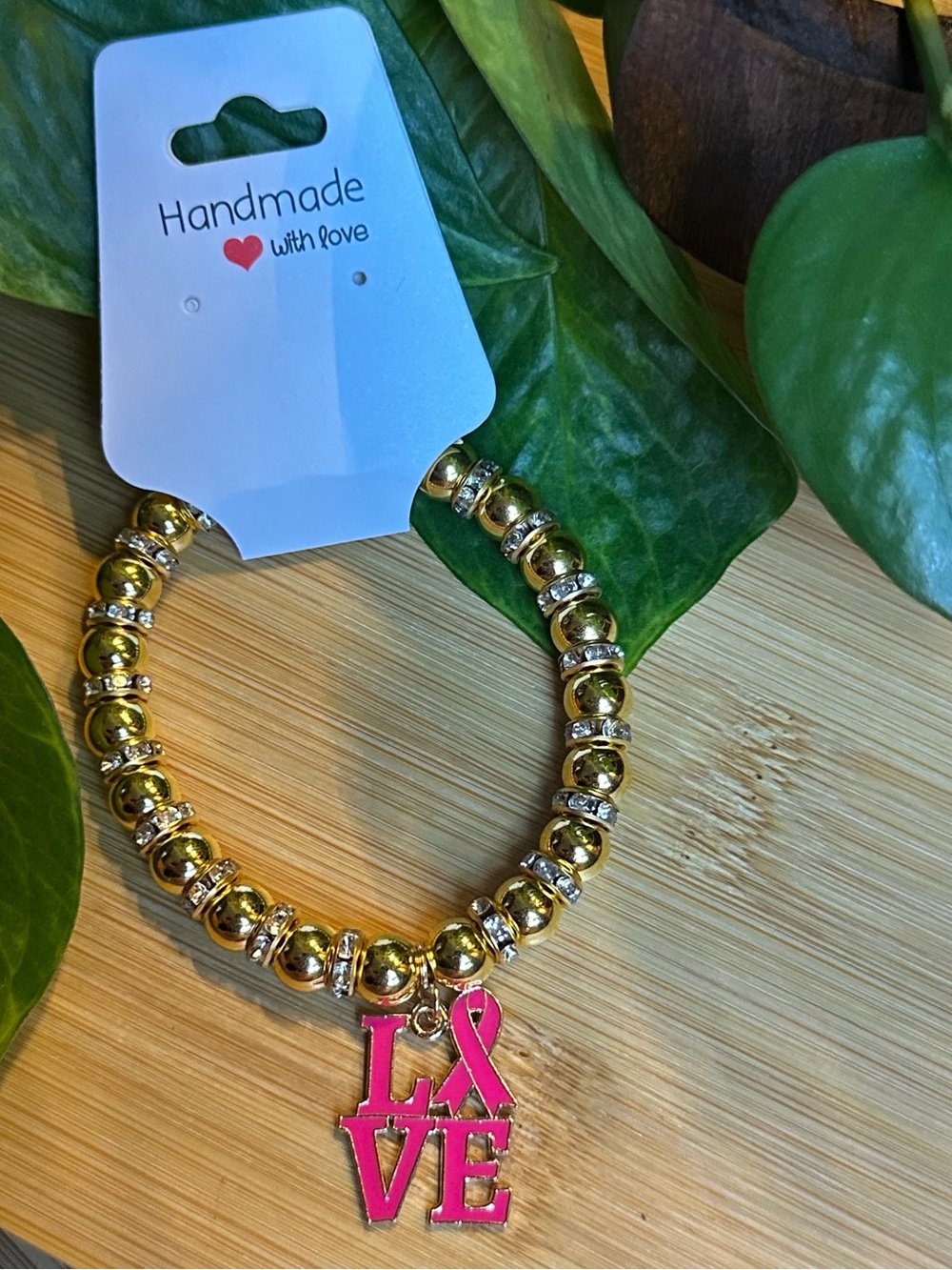 🎀 Breast Cancer Awareness Stretchy Beaded Bracelet | Handmade | Dangle Charm 🎀